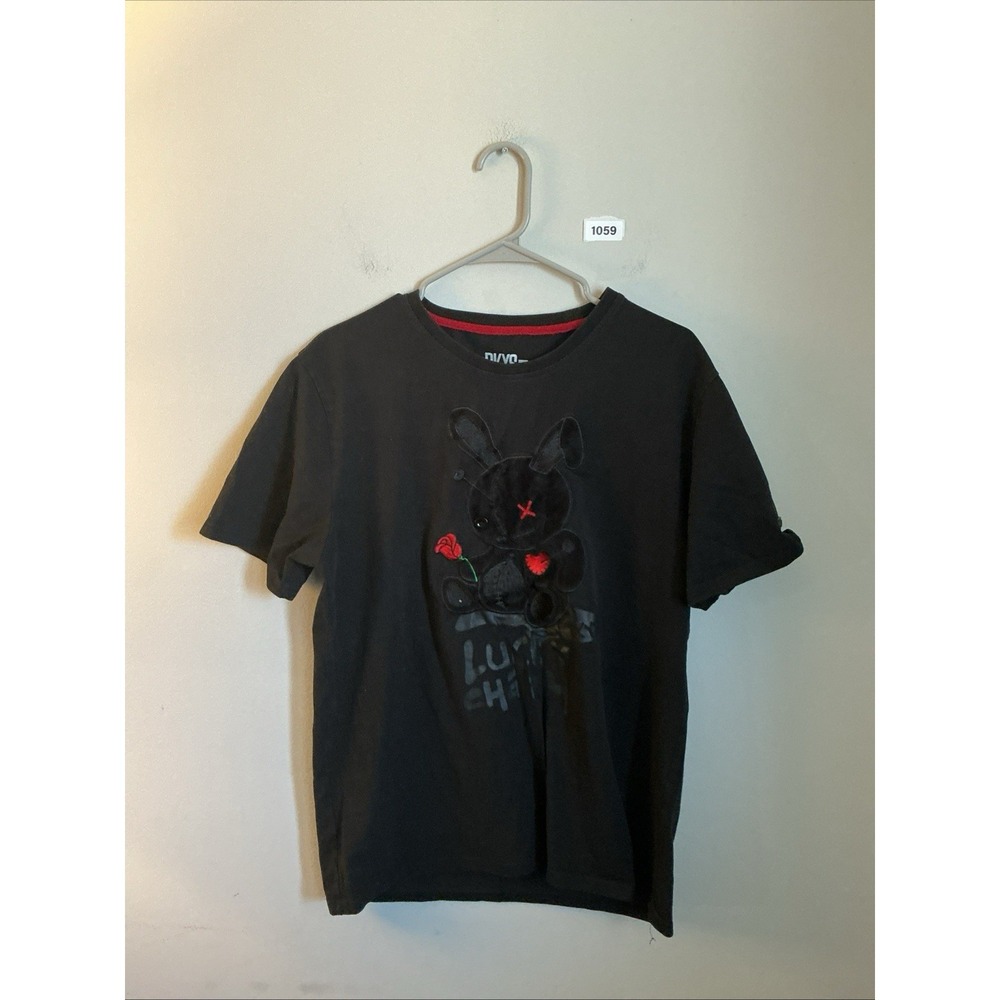 BKYS LUCKY CHARM T-SHIRT Size Large BLACK VELVET APPLIQUÉ BUNNY Red Rose WW-4